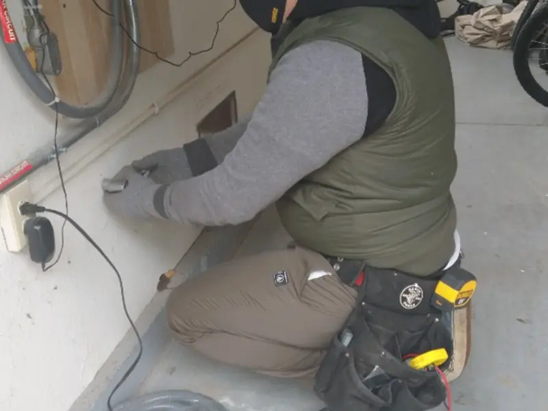 Electrician performing outlet wiring in a Lake of the Pines garage